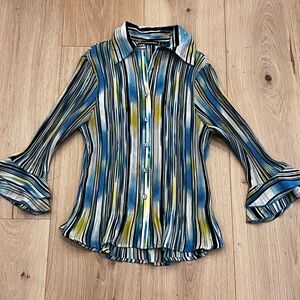 Vintage Essentials by Milano Pleated Multicolor Striped Bell Sleeve Blouse